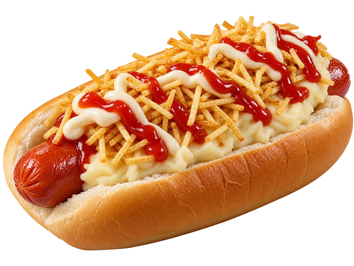 Hot dog em pão com salsicha, molhos e batata palha